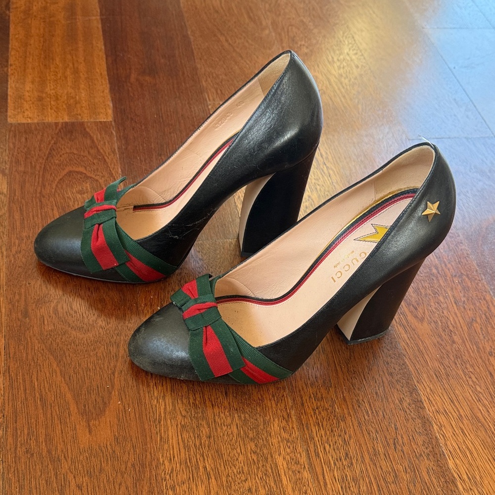 Gucci Black Leather Heels with Red & Green Ribbon Bow